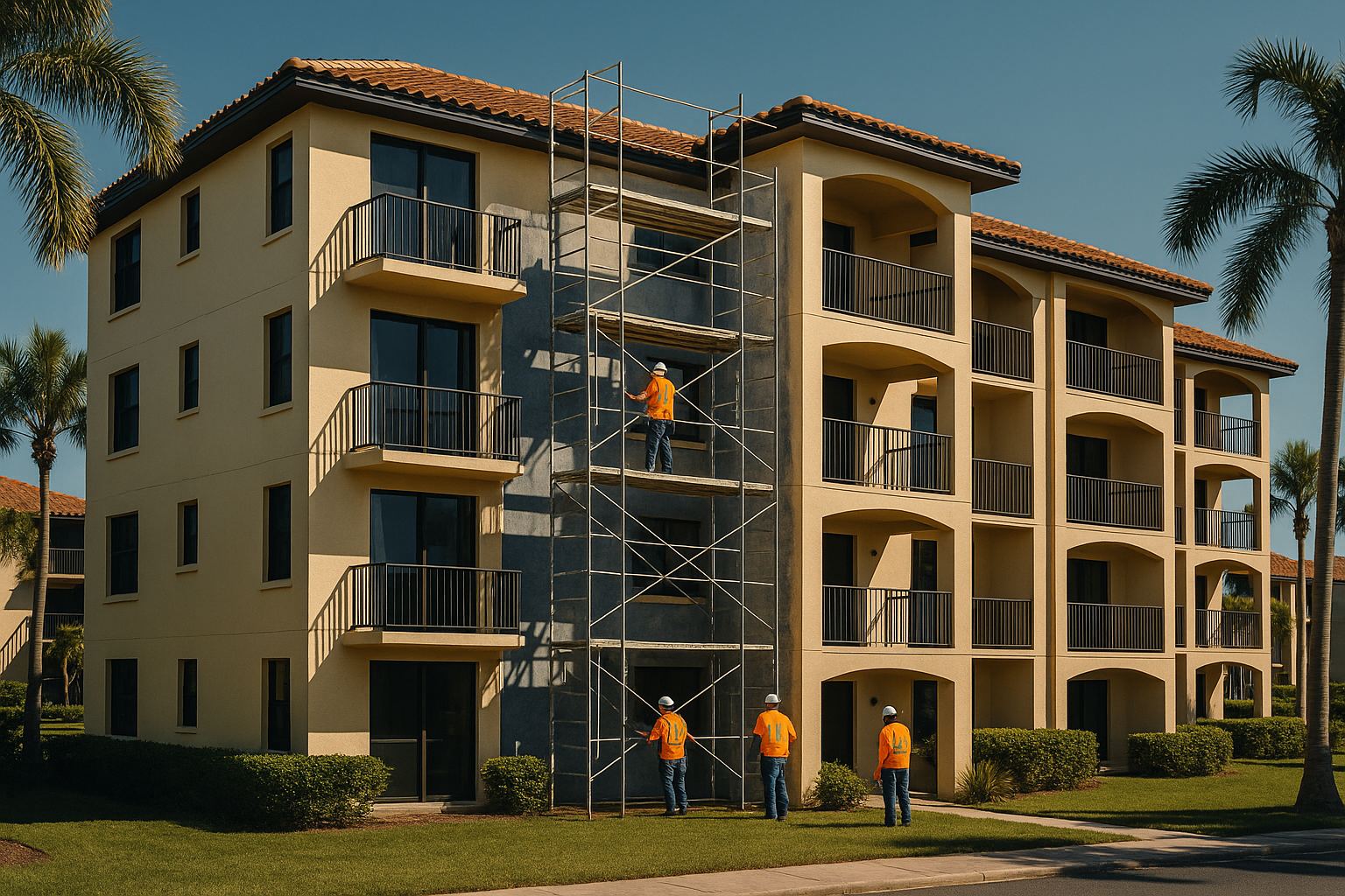 Multi-story HOA condominium building with crew performing exterior waterproofing