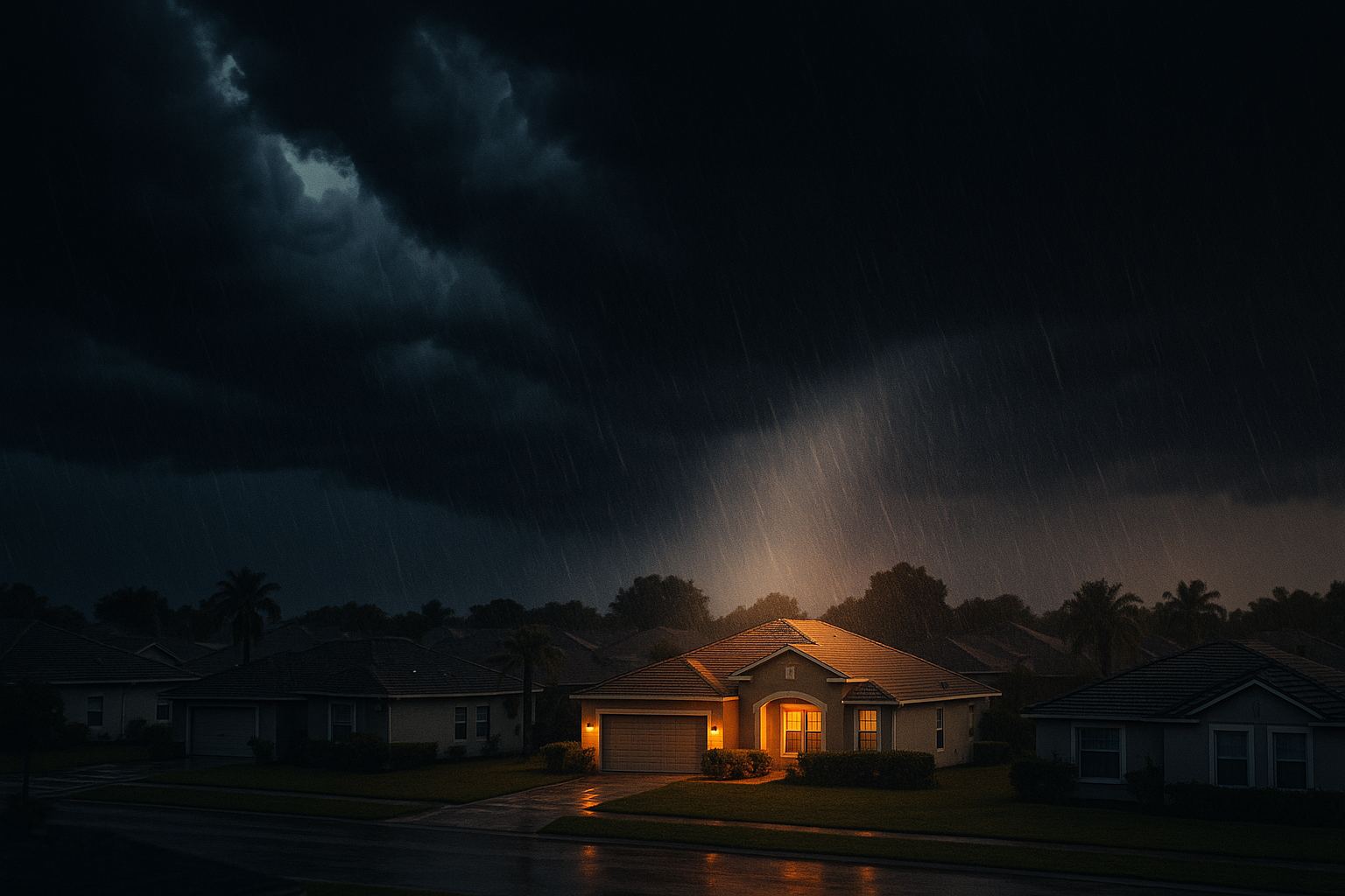 Storm clouds over a Florida neighborhood with one protected home in a shaft of light