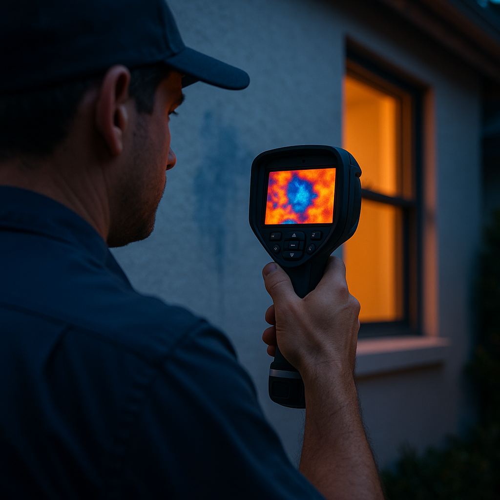 Technician using a thermal imaging camera on an exterior wall to detect moisture intrusion