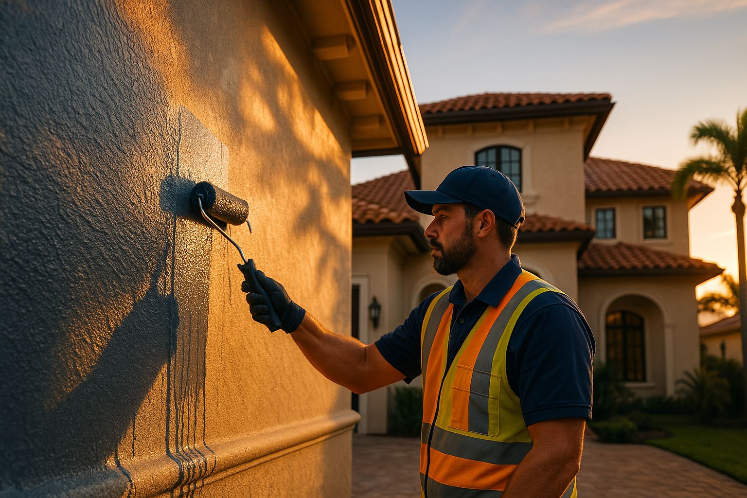 Technician applying elastomeric waterproof coating to a stucco home exterior in Orlando, Florida