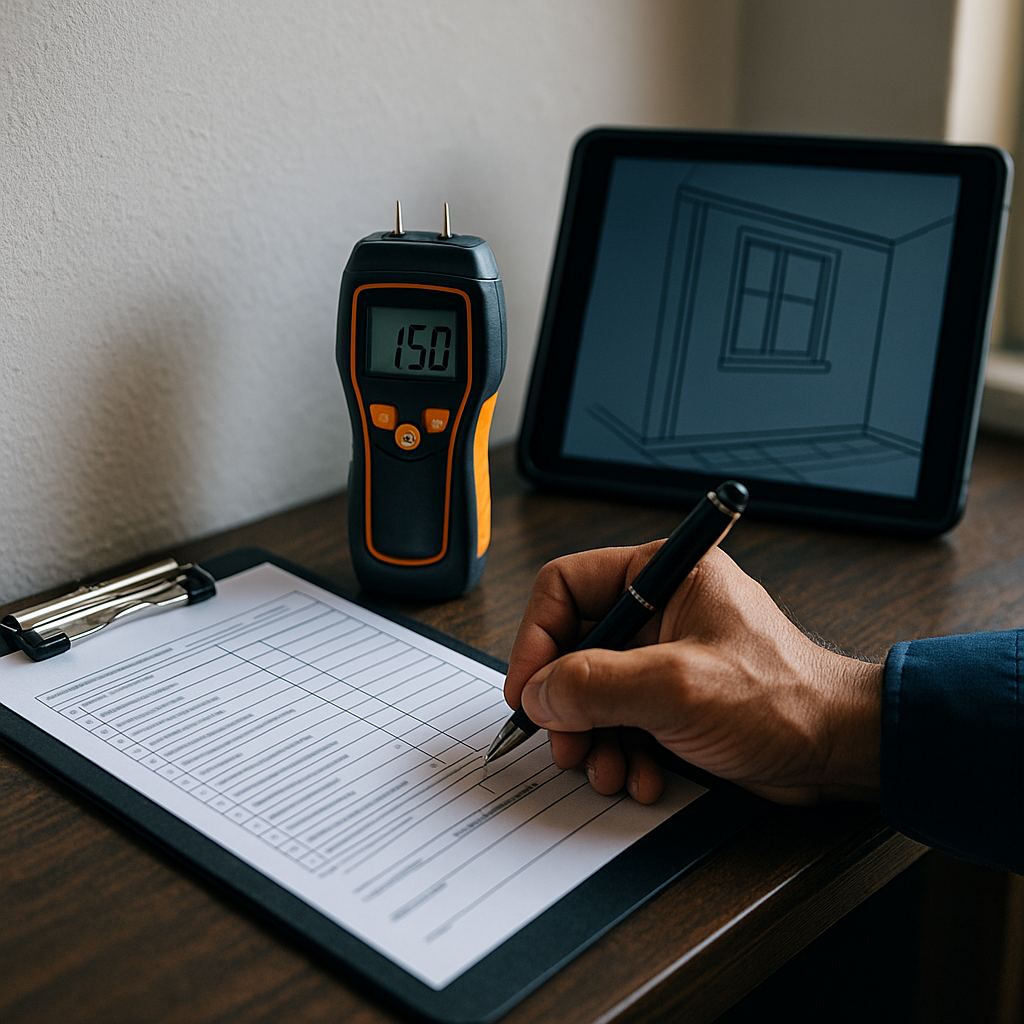 Technician documenting a water intrusion inspection on a clipboard