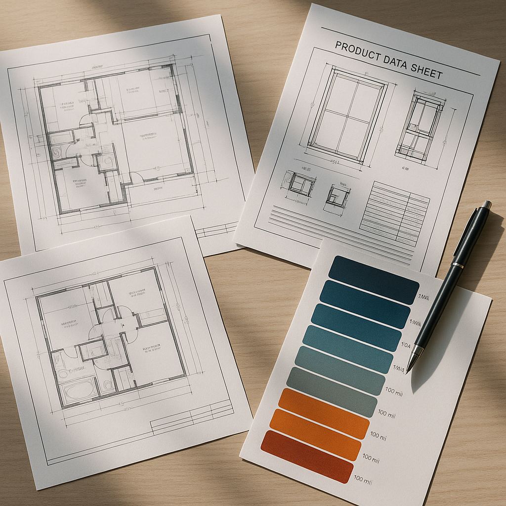 Product data sheets and mil-thickness spec chart on a desk