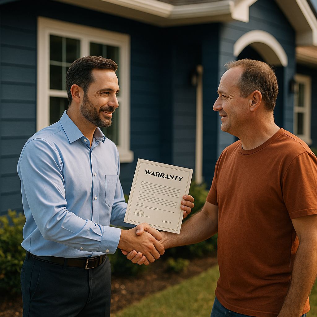 Contractor handing a printed warranty certificate to a homeowner