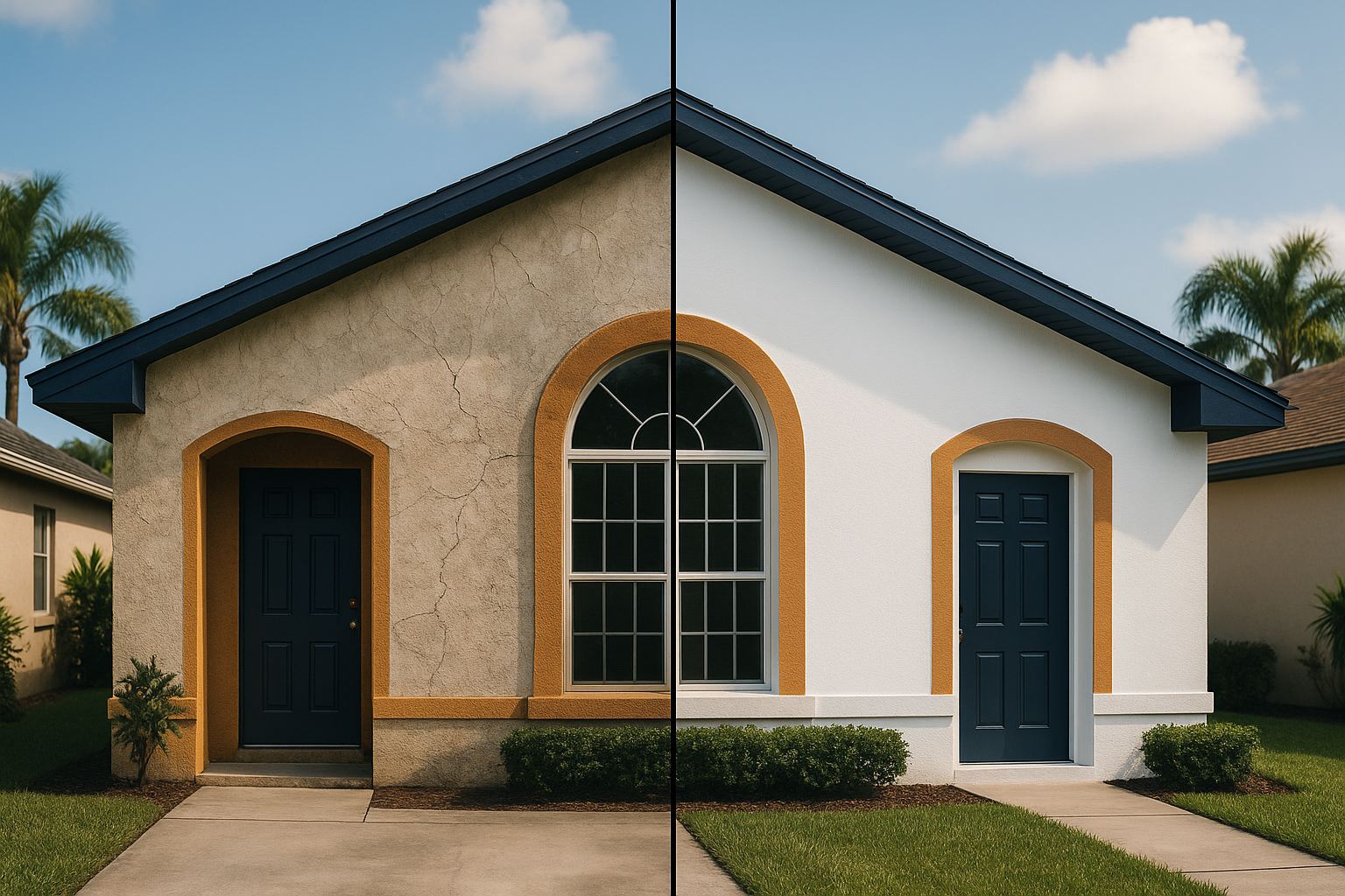 Before and after of a stucco home exterior elastomeric coating
