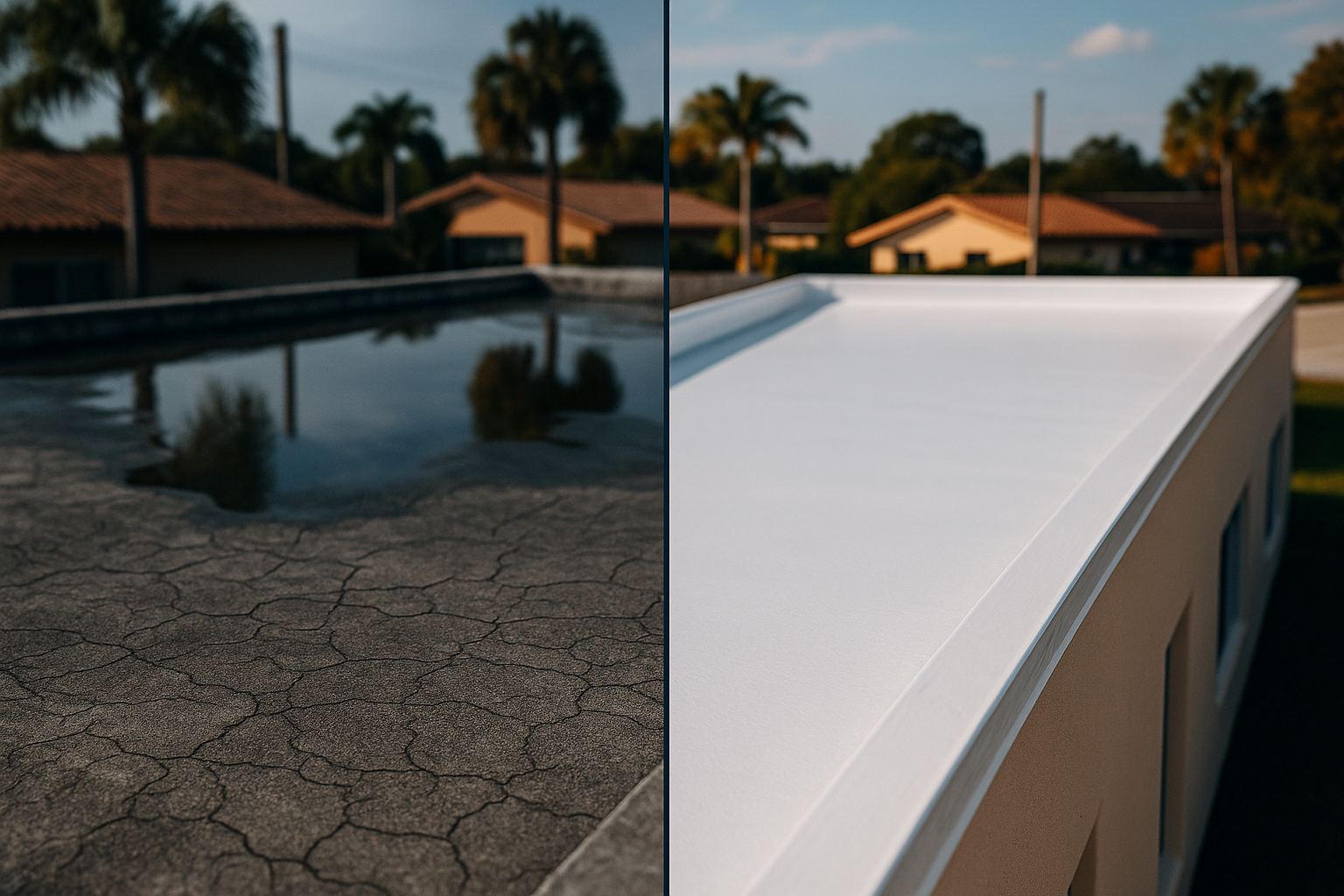 Before and after of a flat roof silicone coating