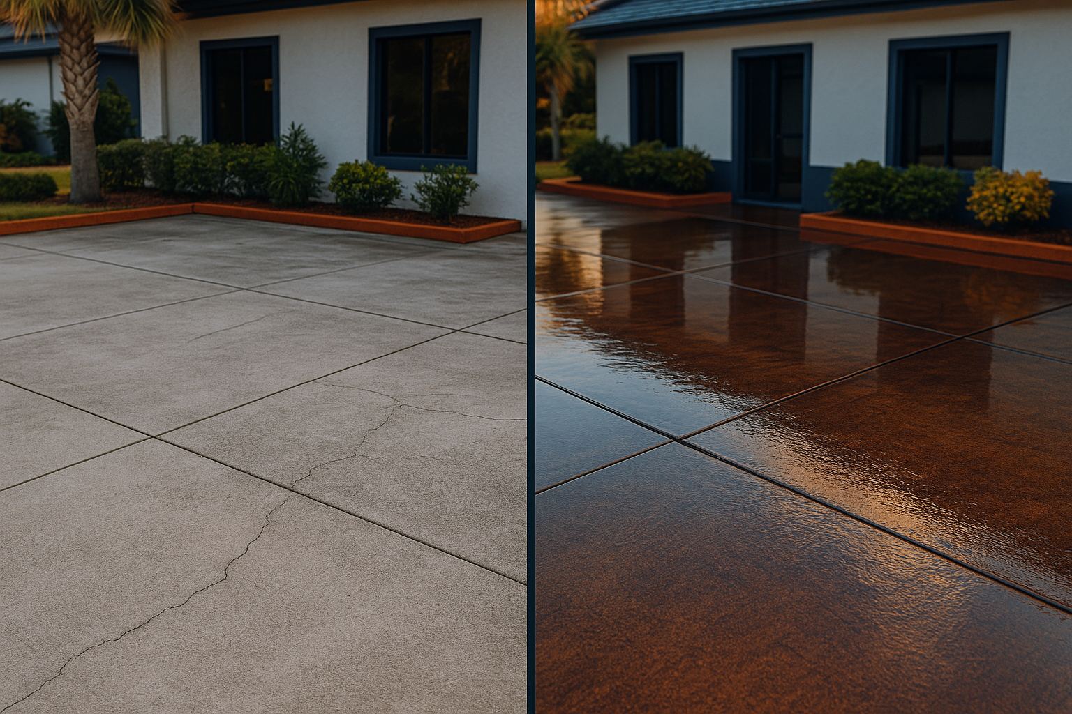 Before and after of a concrete driveway sealing