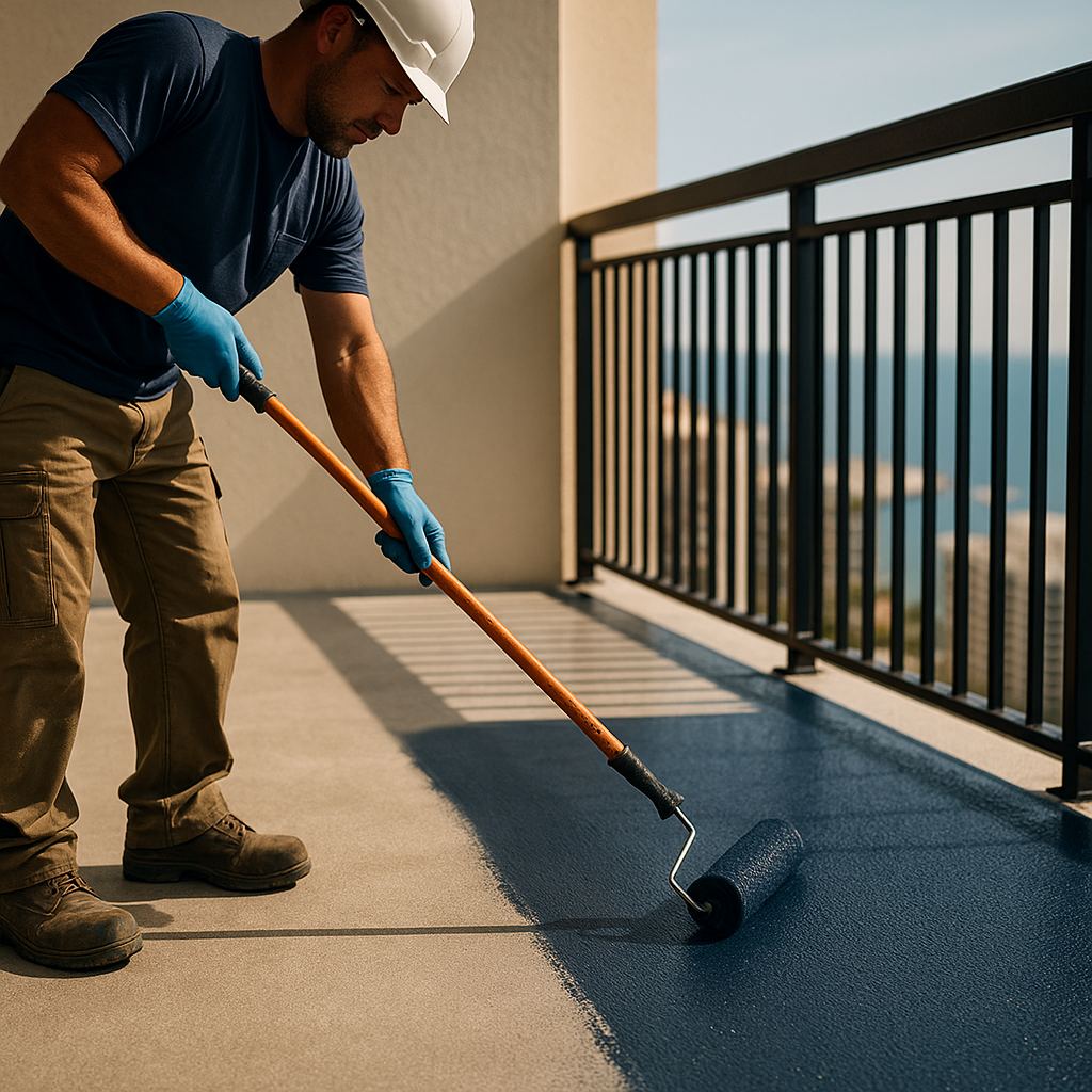 Contractor applying slip-resistant waterproof coating to a condo balcony