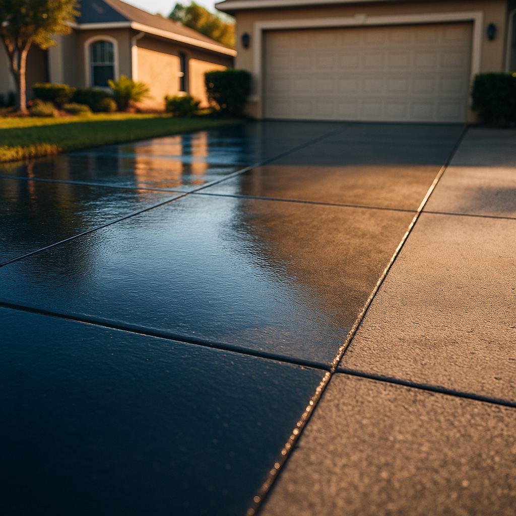Freshly sealed wet-look concrete driveway beside an unsealed section