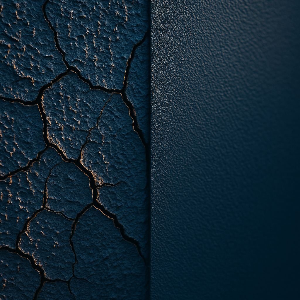 Cracked stucco wall beside a freshly coated elastomeric stucco wall