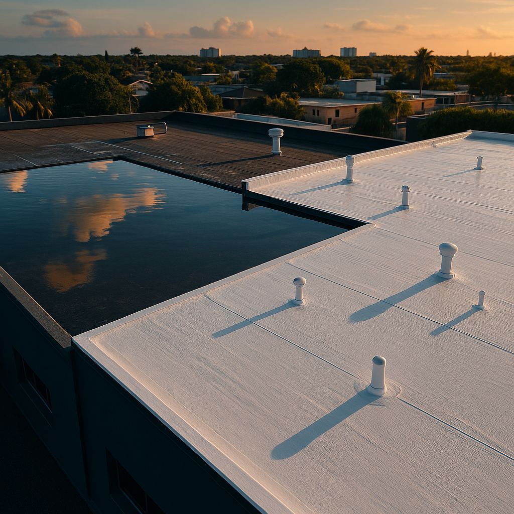 Flat roof with ponding water beside a freshly coated silicone roof membrane